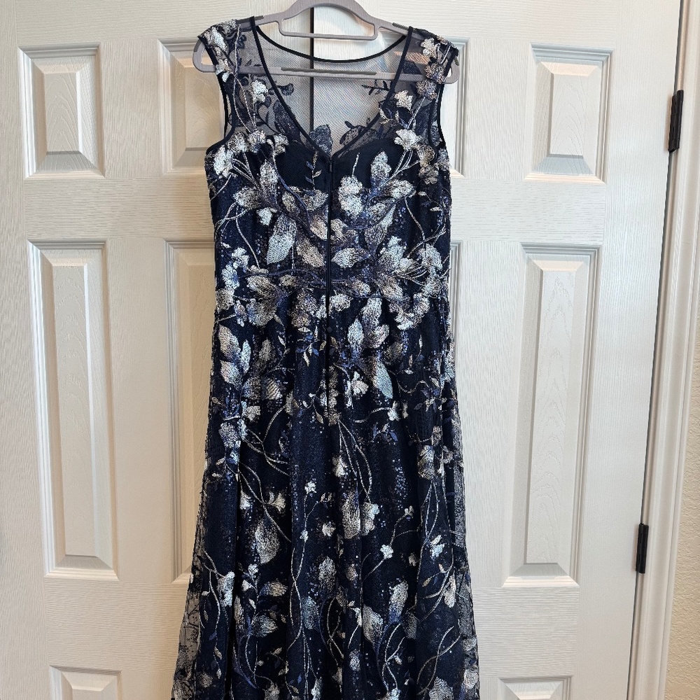 Formal Navy Gown Teri Jon by Rickie Freeman with Illusion Neckline